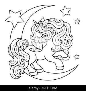 Cartoon Unicorn sta saltando sulla luna con le stelle. Disegno a linee in bianco e nero. Per la progettazione di libri da colorare, stampe, poster, adesivi, c Illustrazione Vettoriale
