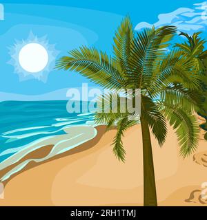 Palme sulla spiaggia sabbiosa. Illustrazione vettoriale della palma sulla spiaggia di mare. Immagine di palme tropicali, spiaggia e mare in vettoriale. Illustrazione Vettoriale