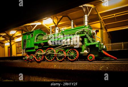 Locomotiva a vapore verde con ruote rosse alla stazione ferroviaria di Shannon di notte. Foto Stock