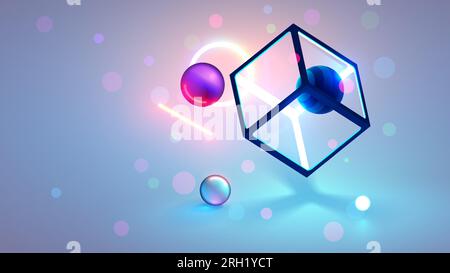 Sfondo tecnologico astratto e futuristico con oggetti 3d nello spazio su sfondo bianco chiaro. Le forme geometriche brillanti al neon si stagliano nell'aria in 3d. Illustrazione Vettoriale
