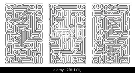 Impostare labirinti vettoriali isolati su sfondo bianco. Labirinto di giochi di logica educativi per bambini. Con la soluzione. Illustrazione Vettoriale