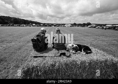 Carnhell Green Vintage Rally 12 agosto 2023 due persone assistono all'evento con il collie dog Foto Stock