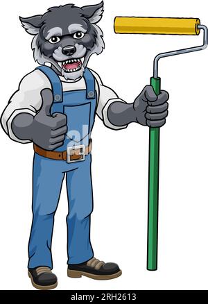 Wolf Painter Decorator Paint Roller Mascot Man Illustrazione Vettoriale