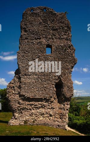 Imponente torre di guardia del castello normanno a Bramber nel West Sussex, in Inghilterra, costruita con pietra di selce locale e costosa pietra di Caen vestita, importata dalla Francia. Foto Stock