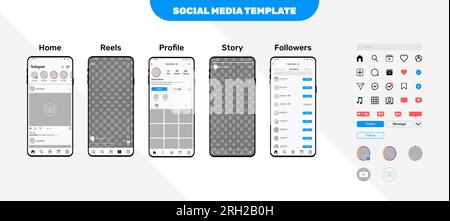 Modelli di pagina di profilo e storia di feed Instagram con icone e notifiche impostate vettore Illustrazione Vettoriale