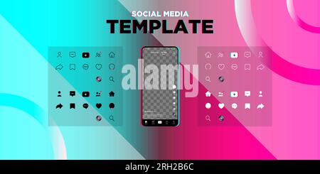 Concetto di destinazione dei social media, modello di social media. Interfaccia app con set di icone e schermo trasparente, spazio per foto o video. EPS 10 Vector i Illustrazione Vettoriale