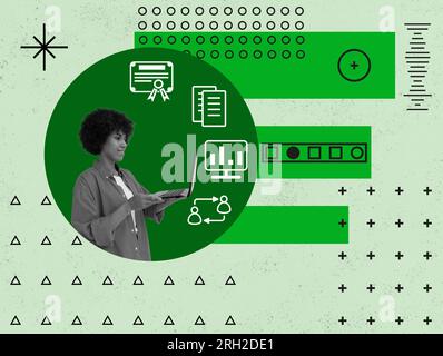 Collage moderno con donna e notebook come simbolo dell'istruzione online. Foto Stock