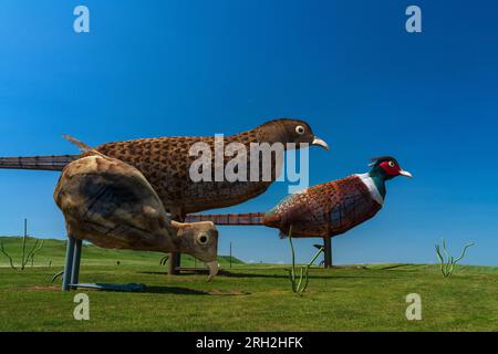 Fagiani sulla scultura Prairie sulla Enchanted Highway del North Dakota Foto Stock