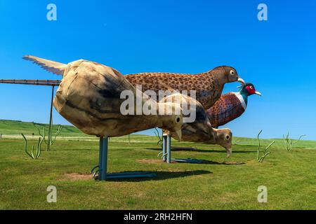 Fagiani sulla scultura Prairie sulla Enchanted Highway del North Dakota Foto Stock
