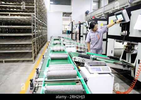 LAIXI, CINA - 13 AGOSTO 2023 - Un membro del personale controlla i parametri delle attrezzature sulla linea di produzione di una coltivazione e lavorazione di funghi Foto Stock