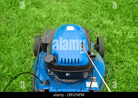 Rasaerba che taglia l'erba. Dal rasaerba fuoriescono piccoli tagli d'erba. I ritagli d'erba vengono spinti fuori da un rasaerba spinto da un paesaggista. Primo piano. G Foto Stock