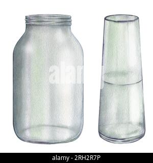 Set di vaso in vetro, vaso. Acquerello clipart disegnato a mano isolato su sfondo bianco. Stile di vita zero rifiuti, cucina ecocompatibile. nessun concetto di plastica Foto Stock