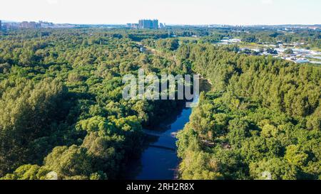 Ulanhot, regione autonoma della Mongolia interna cinese. 13 agosto 2023. Questa foto aerea mostra una vista del Tao'erhe National Wetland Park nella città di Ulanhot, nella regione autonoma della Mongolia interna della Cina settentrionale, 13 agosto 2023. Crediti: Peng Yuan/Xinhua/Alamy Live News Foto Stock