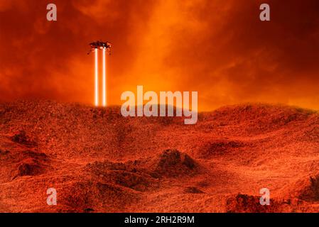 Astronave che atterra sulla superficie rossa di Marte Foto Stock