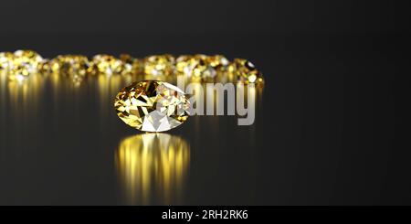 topazio Gem con diamante giallo rotondo riflesso posizionato su sfondo a riflessione scura messa a fuoco morbida rendering 3d. Foto Stock