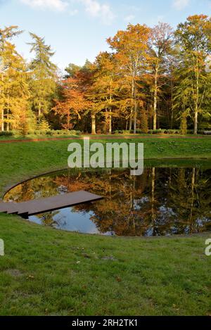 Alberi decidui nei colori autunnali si riflettono nel piccolo stagno della tenuta di Beerschoten, tra Bunnik e Bilthoven Foto Stock