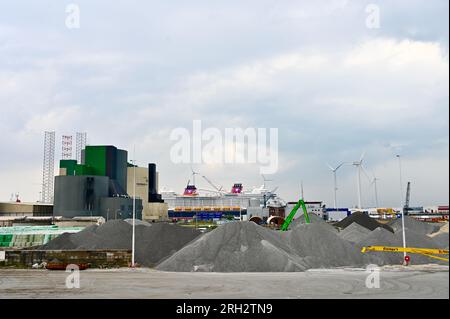 La nave da crociera Disney Wish, ormeggiata a Eemshaven. In primo piano è in costruzione un impianto di malto Holland Malt privo di emissioni Foto Stock