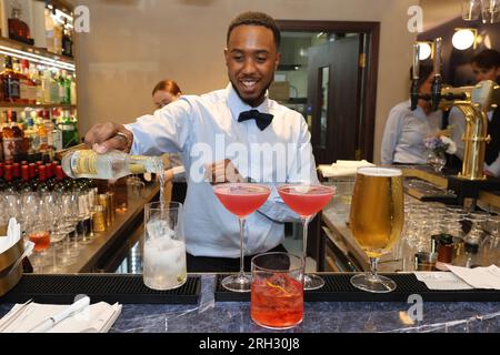 Un cameriere che prepara dei cocktail Foto Stock