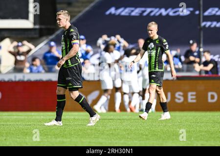 Brugge, Belgio. 13 agosto 2023. Il Thibo Somers di Cercle sembra smentito durante una partita di calcio tra Cercle Brugge e KRC Genk, domenica 13 agosto 2023 a Brugge, il giorno 3/30 della prima divisione del campionato belga "Jupiler Pro League" del 2023-2024. BELGA PHOTO TOM GOYVAERTS Credit: Belga News Agency/Alamy Live News Foto Stock