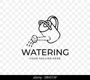 Annaffiare lattine, innaffiare piante e attrezzi da giardino, progettazione grafica lineare. Irrigazione, orto, letti, aiuole e floricoltura, design vettoriale Illustrazione Vettoriale