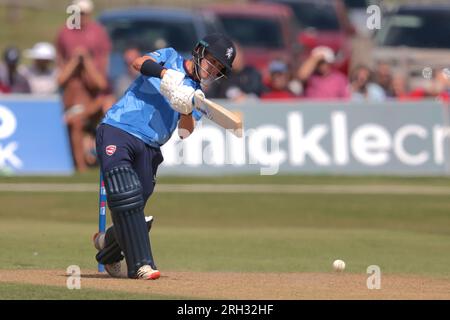 Beckenham, Kent, Regno Unito. 13 agosto 2023. Jaydn Denly di Kent batte nei panni di Kent contro il Middlesex nella Metro Bank One Day Cup a Beckenham. Credito: David Rowe/Alamy Live News Foto Stock