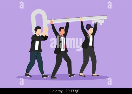 Character flat drawing lavoro di squadra aziendale chiave del concetto di successo. Uomo d'affari che lavora in squadra. Persone che sollevano la chiave del successo, si fanno avanti per aprire Foto Stock