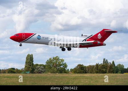 Il Boeing 727 G-OSRB atterra all'aeroporto di Londra Southend il 13 agosto dopo essere stato di stanza a Gibuti per coprire il trasferimento di petrolio dalla petroliera più sicura FSO Foto Stock