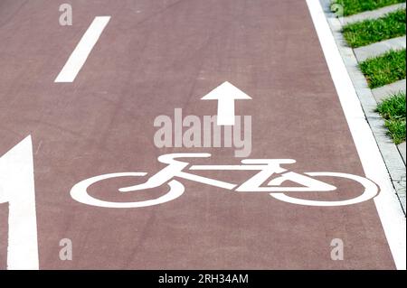 Designazione di bicicletta e freccia sulla strada, percorso pedonale in una città Foto Stock