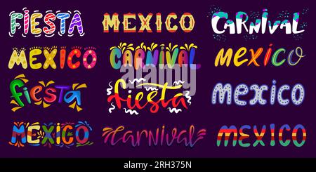 Lettering di Carnevale, stampe di testo floreali per festeggiare la festa. Badge natalizi messicani o spagnoli con coriandoli. Elemento invito vettore neoterico Illustrazione Vettoriale