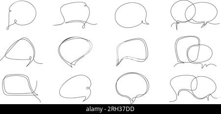 Un disegno a riga fumetti vocali, fumetti di testo. Argomenti di linea, feedback o frame di comunicazione. Messaggi di chat aziendali, parlare di elementi vettoriali decenti Illustrazione Vettoriale