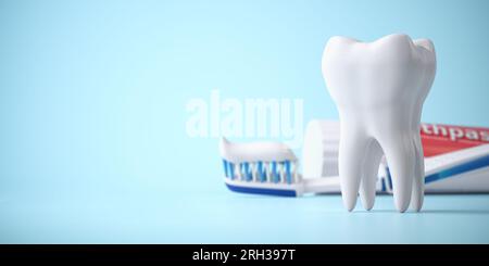 Dente con dentifricio e spazzolino su sfondo blu. Assistenza odontoiatrica, igiene e igiene orale. illustrazione 3d. Foto Stock