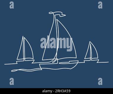 Le barche a vela hanno una silhouette in mare, un disegno continuo. Illustrazione della regata, design semplice e minimalista. Grafica vettoriale su sfondo blu. Illustrazione Vettoriale