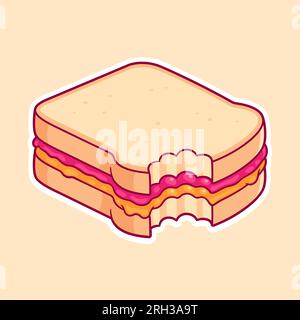 Disegno a sandwich PBJ con morso mancante. Pane tostato bianco con burro di arachidi e marmellata di lamponi. Carino illustrazione vettoriale dei cartoni animati. Illustrazione Vettoriale