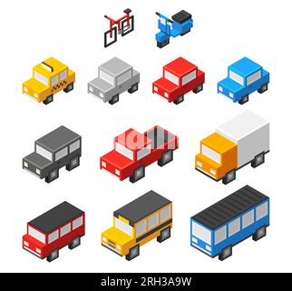 Set di carine auto da cartone animato isometrico 3d: Veicoli urbani personali, trasporto pubblico e commerciale. Design cubico semplice, illustrazione vettoriale. Illustrazione Vettoriale