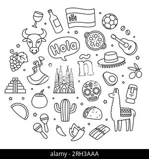 Set di doodle disegnati a mano in lingua spagnola e culture ispaniche. Simboli della Spagna e dell'America Latina. Illustrazione grafica vettoriale. Illustrazione Vettoriale