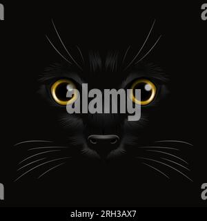 Vector 3d Realistic Yellow Cats Eye of a Black Cat in the Dark, at Night. Cat Face con Yes, Nose, Whiskers on Black. Cat Closeup Look in the Darkness Illustrazione Vettoriale