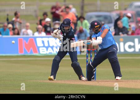 Beckenham, Kent, Regno Unito. 13 agosto 2023. Kent's Jack Leaning nel ruolo di Kent affronta il Middlesex nella Metro Bank One Day Cup a Beckenham. Credito: David Rowe/Alamy Live News Foto Stock