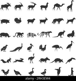 Animali. Diverse silhouette di animali selvatici e domestici in bianco e nero stilizzati recenti immagini vettoriali Illustrazione Vettoriale