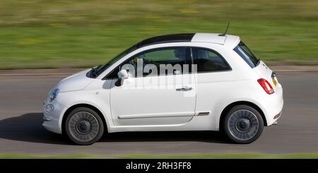 Milton Keynes, Regno Unito - 10 agosto 2023: 2015 auto Fiat 500 bianca che guida su una strada di campagna inglese. Foto Stock