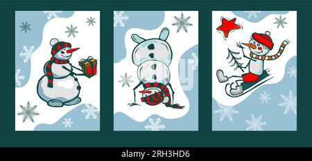 Set di cartoline con simpatici pupazzi di neve. Buon natale e felice biglietto d'auguri per l'anno nuovo. Decorazioni natalizie per interni. Illustrazione vettoriale Illustrazione Vettoriale