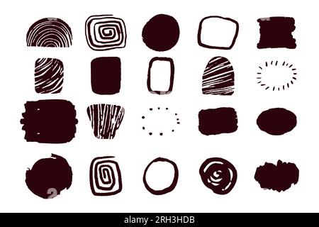 Imposta forme etniche tribali africane, cornici ed elementi in stile doodle isoizzato su sfondo bianco. Pennello ornamenti segno nativo. Illustrazione vettoriale Illustrazione Vettoriale