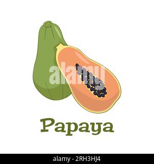 Frutta estiva per uno stile di vita sano. Papaia, frutta intera e metà vettoriale isolato su bianco. Illustrazione Vettoriale