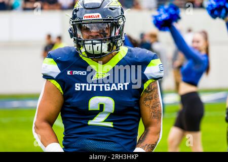 Stoccarda, Germania. 13 agosto 2023. ELF/ Game : Munich Ravens a Stoccarda Surge il 13 agosto. 2023 ,nello Stadio Gazi , Stoccarda , Germania RB # 2 Kai Hunter / Stoccarda Surge Credit: Frank Baumert/Alamy Live News Foto Stock