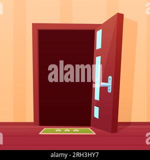 Modello porta aperta cartone animato. La casa o la sala hanno aperto le porte, l'entrata in una nuova metafora del mondo. Opportunità, benvenuti a casa concetto vettoriale Illustrazione Vettoriale