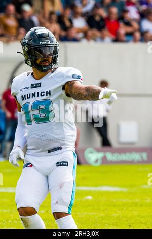 Stoccarda, Germania. 13 agosto 2023. ELF/ Game : Munich Ravens a Stoccarda Surge il 13 agosto. 2023 ,in The Gazi Stadium , Stoccarda , Germania Monaco di Baviera Ravens - WR # 13 Marvin Rutsch credito: Frank Baumert/Alamy Live News Foto Stock