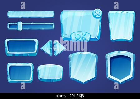 Imposta le risorse del menu di gioco pulsanti ICE, elementi di interfaccia 2d isolati in stile cartoni animati. Blocchi, forma pannelli gui bloccati, cursori, frecce. Illustrazione vettoriale Illustrazione Vettoriale