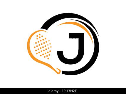 Modello vettoriale disegno logo Letter J Padel Racket. Simbolo del Beach Table Tennis Club. identità aziendale e aziendale Illustrazione Vettoriale