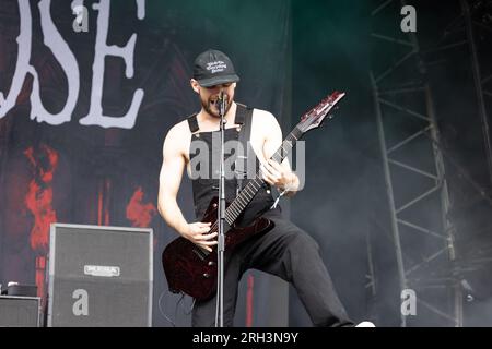 Il gruppo hardcore punk Knocked Loose con sede in Kentucky si esibisce al Bloodsotck Open Air Festival, agosto 2023. Foto: John Lambeth/Alamy Foto Stock