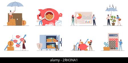 Gestione finanziaria. Pianificazione del budget e alfabetizzazione finanziaria, le persone risparmiano, contano e investono denaro, calcolo dei costi, analisi dei profitti, business Illustrazione Vettoriale