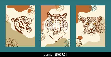 Set di poster testa di tigre e leopardo. Illustrazione vettoriale Illustrazione Vettoriale